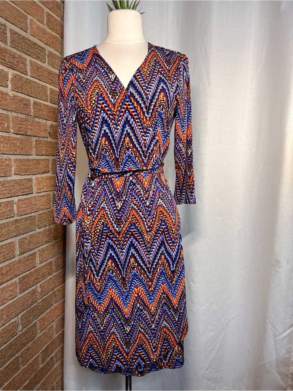 Emma & Michele Multicolor Geometric Wrap Dress Midi Knee Length Medium